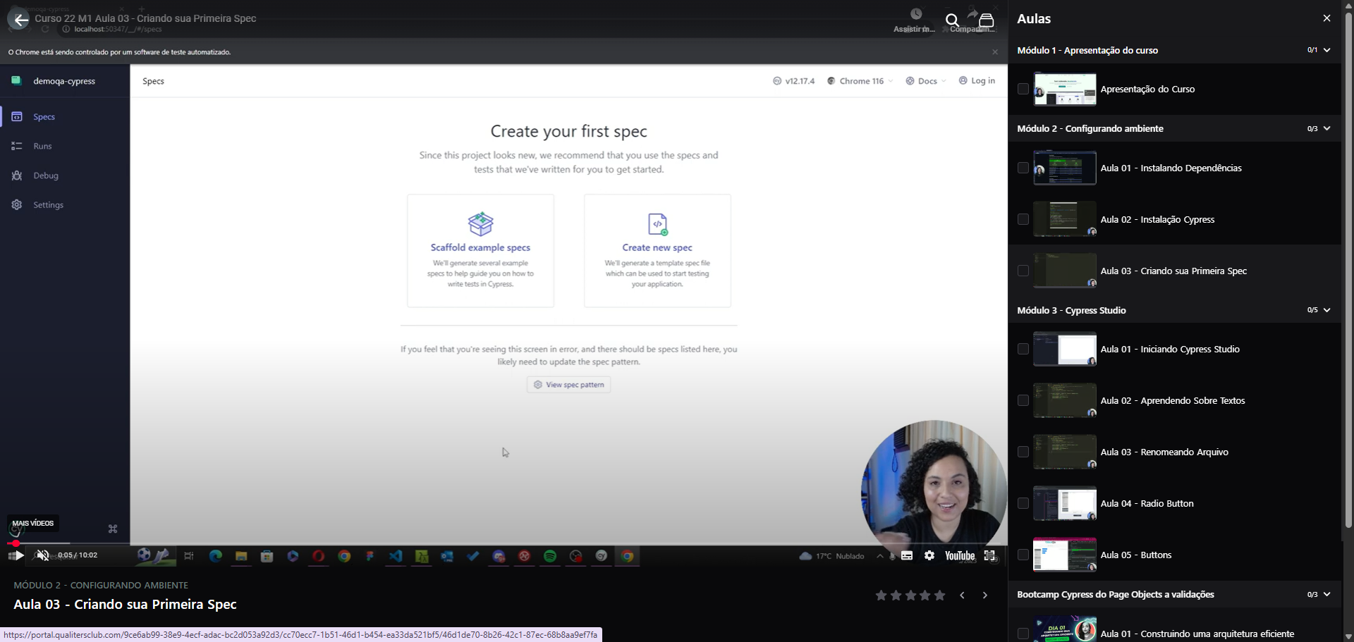 Interface da comunidade Qualiters Club mostrando aulas de Cypress