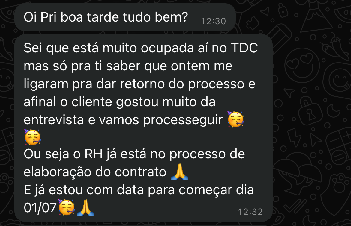 Feedback sobre aprovação no processo seletivo TDC